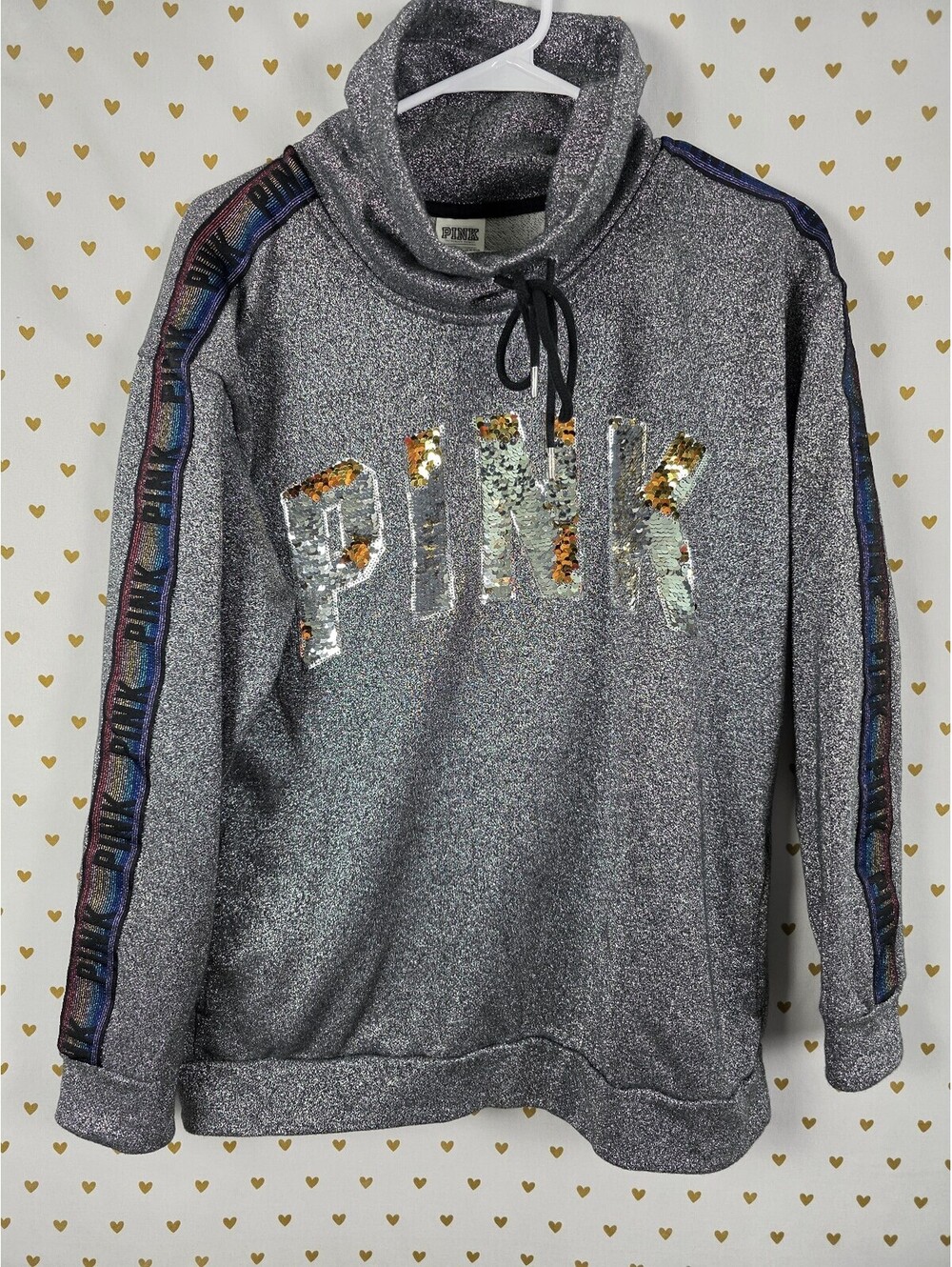 Victorias Secret Pink FLIP SEQUIN Shimmer BING Rainbow Slouchy Sweater XS OVERSZ